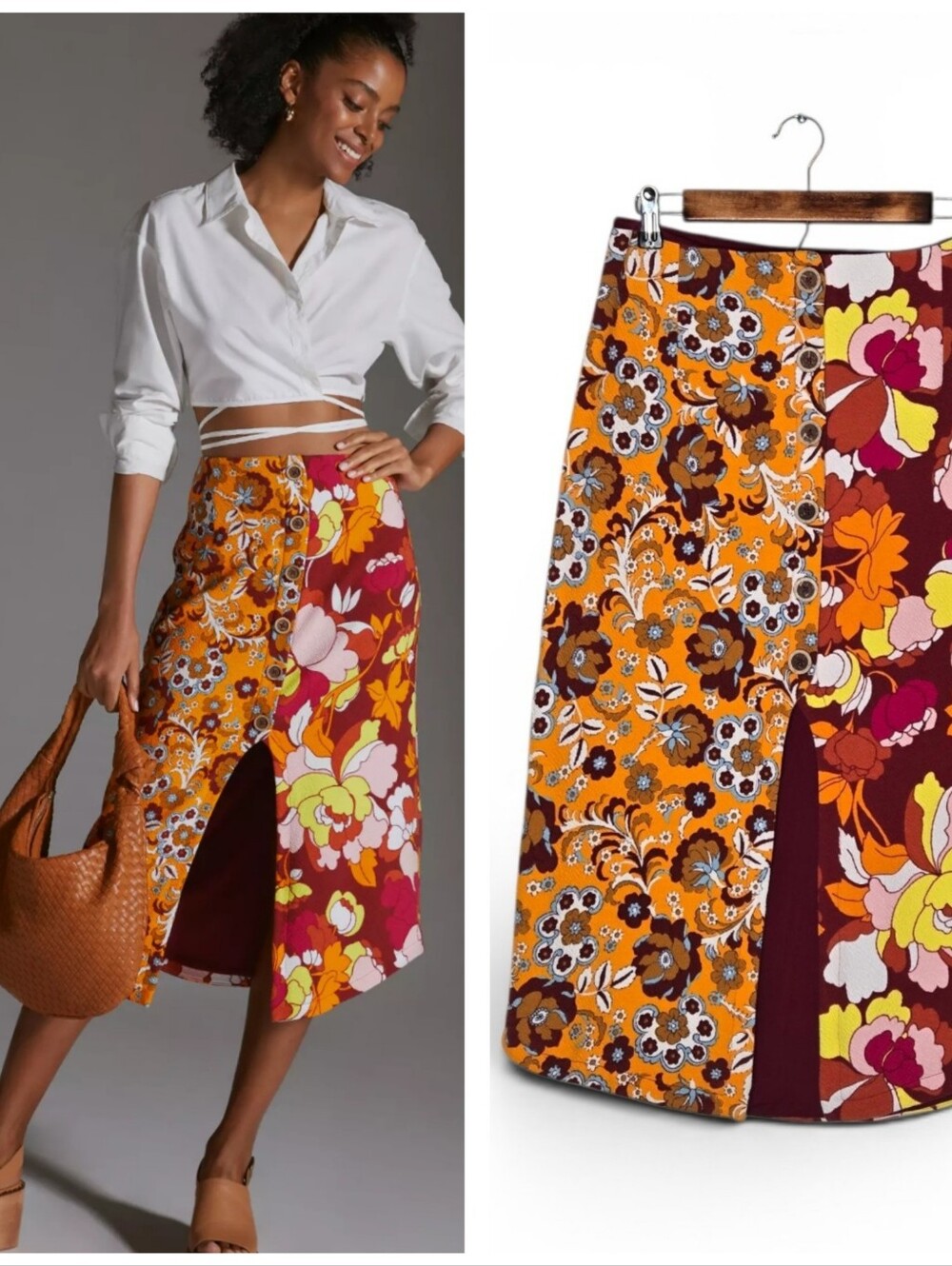 Maeve Retro Floral Split Midi Skirt in Orange & Maroon